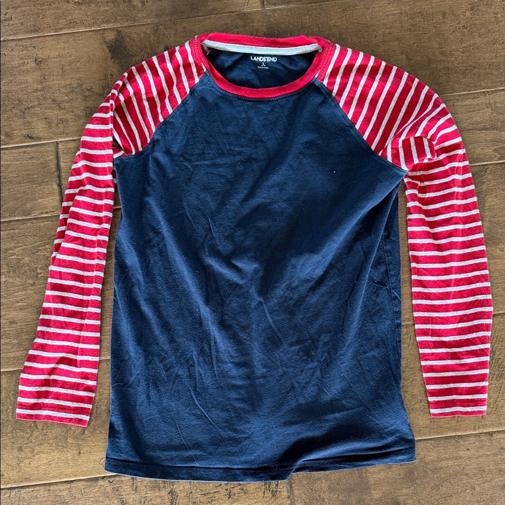 Lands' End Kids Long Sleeve Shirt in Navy and Red Stripes